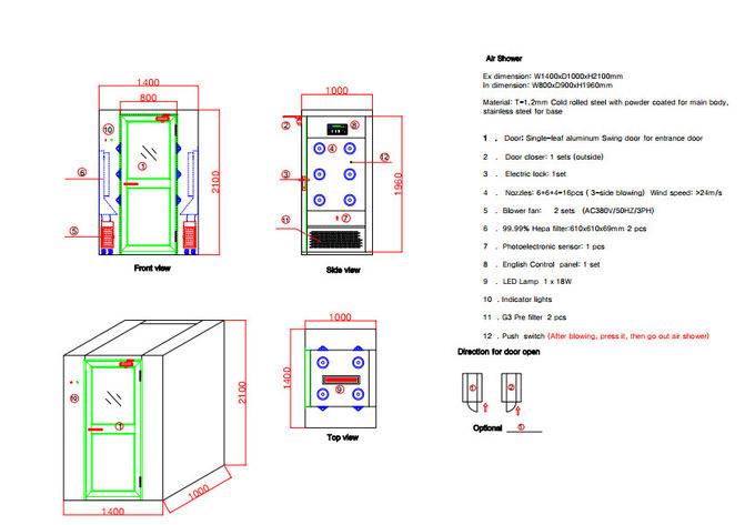 Dubbele Blazende Cleanroom Enige het Aluminiumdeur W1400xD1000xH2100mm van de Luchtdouche 0
