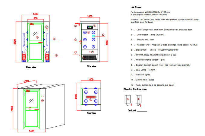Verticale Schone Zaal Luchtdouches met de Deurencontrole van de Aluminiumschommeling door IC-Configuratiescherm 0